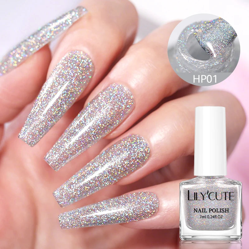 LILYCUTE 7ml Sliver Holographic Nail Polish Glitter Colorful Shining Effect Nail Art Varnish No Need Lamp Air Dry