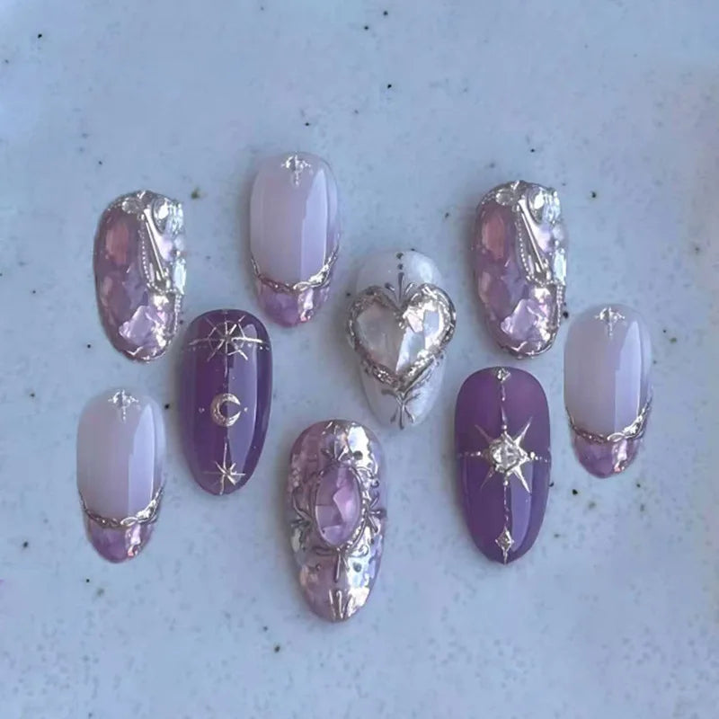 24pcs Diamond Love Design Nails Sets Press on Purple Short Almond False Nails Tips Wearable Rhinestone French Oval Fake Nail Art