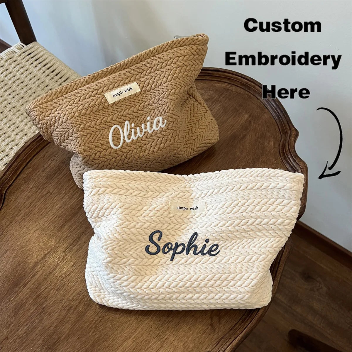 Embroidered Name Rice Grain Pattern Woven Fabric Handbag Custom Women Cosmetic Storage Makeup Pouch Zipper Closure Toiletry Bag
