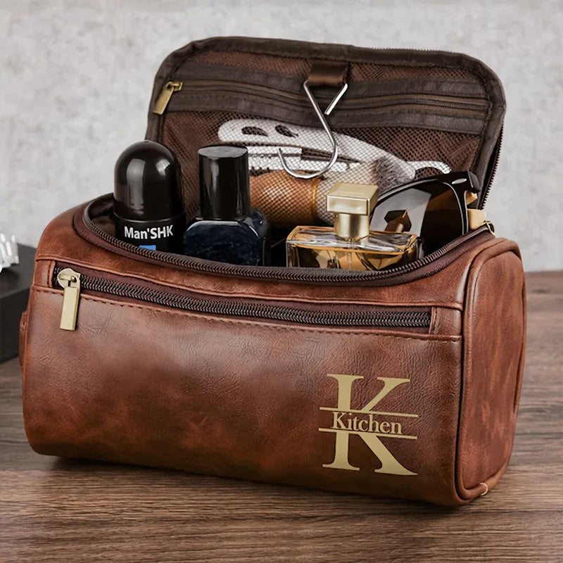 Personalized Waterproof Ladies Make-up Bag Engraved Name Cosmetics Bathroom Shaving Bag Men Travel Business PU Leather Handbag