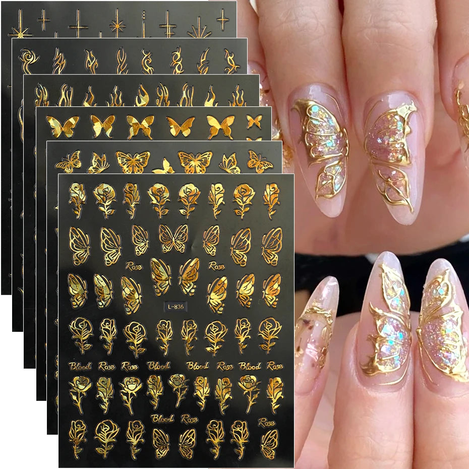 6pcs Metallic Gold Nail Stickers with Bronzing Butterfly Rose Abstract Flame Stripes Adhesive Decals for Spring Nail Art Decor