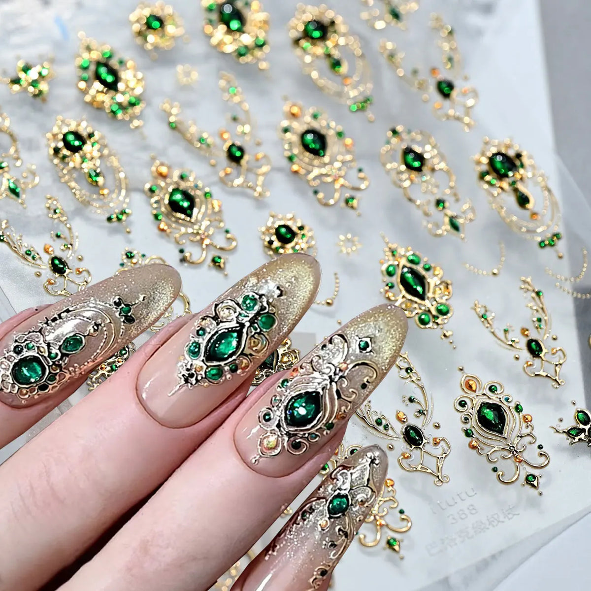 5D Embossed Emerald Gemstones Nail Art Stickers Luxury Golden Frame Baroque Flower Nail Decals Green Rhinestones Nail Supplies