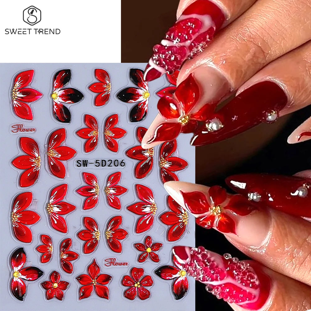 SWEET TREND-5D Embossed Blue Red Flower Nail Stickers Self-adhesive Petals Nail Decals Sliders for Spring Summer Manicure Decor