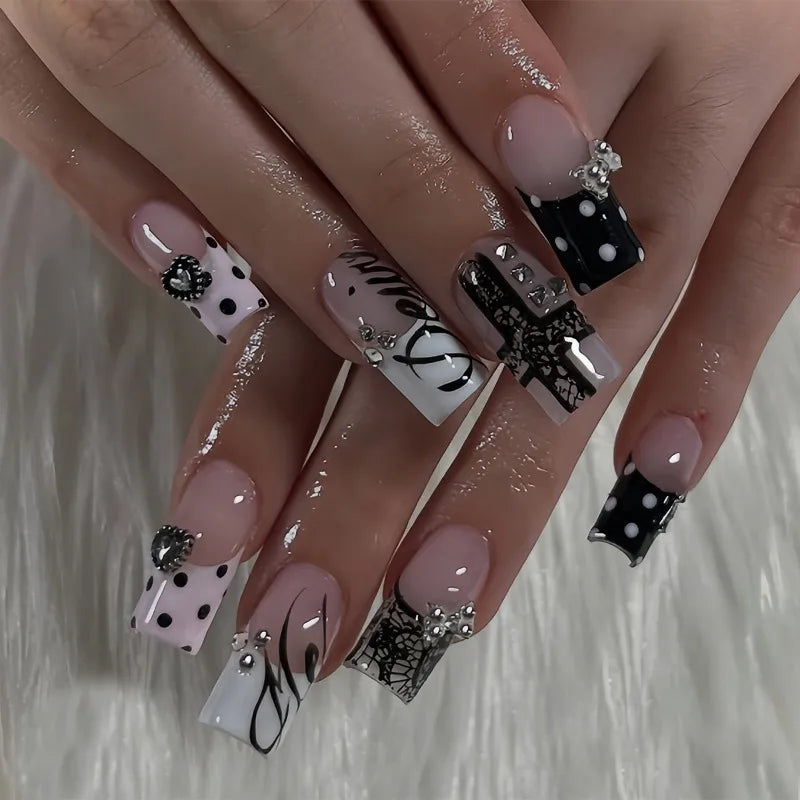 24Pcs Y2K Dark Medium Square False Nails Black Lace Cross French Polka Dot Press On Nails 3D Metallic Silver Bow Heart Nail Tips