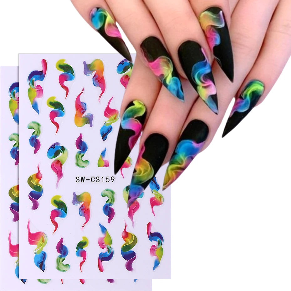 2pcs Ink Blooming 3D Nail Stickers Gradient Abstract Geometric Wave Line Smoke Stripe Y2K Nail Art Sliders Decal Manicure Decor