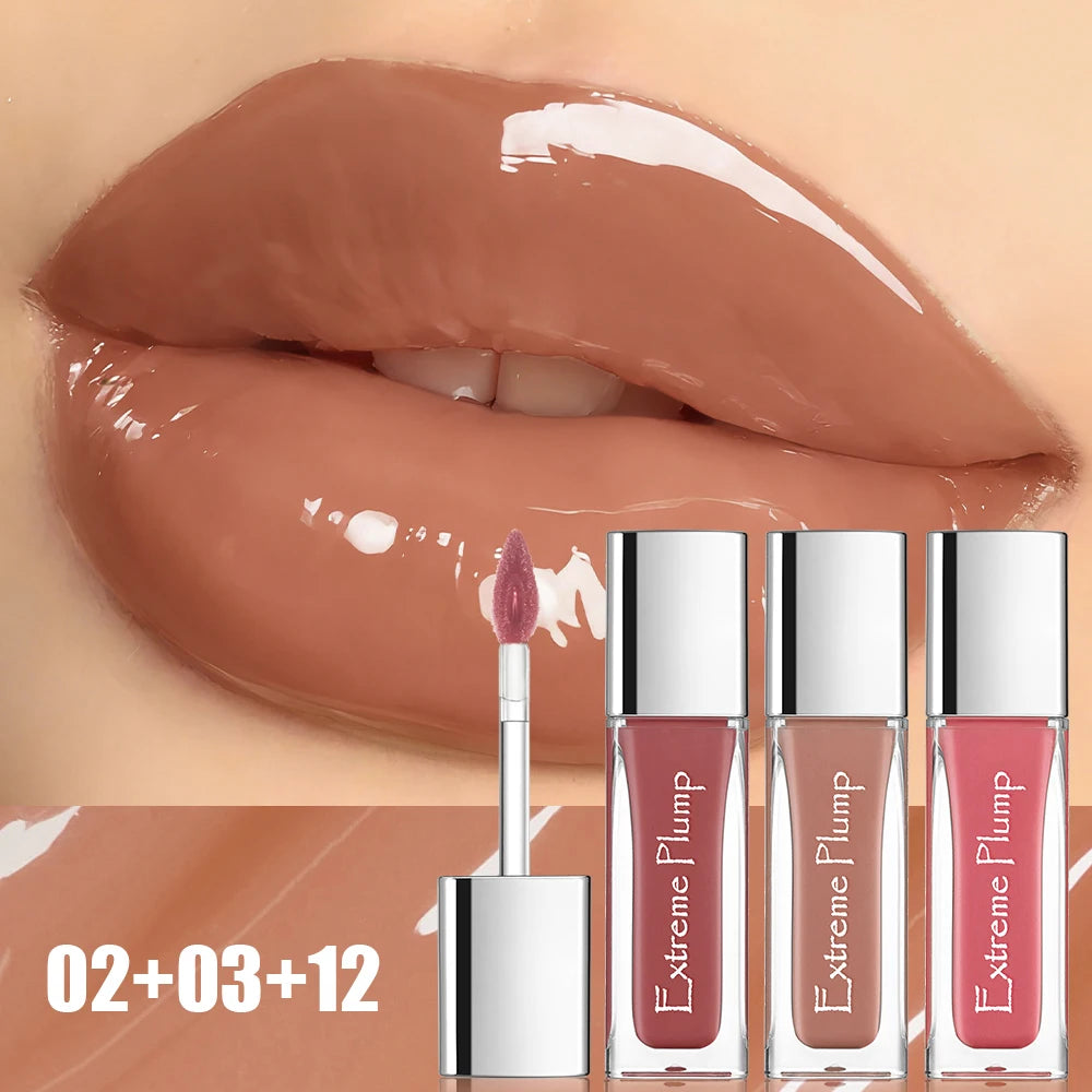 3Pcs Extreme Plump Lip Gloss Set Mirror Glass Finish Long Lasting Hydrating Lip Glaze Non-sticky Waterproof Nude Liquid Lipstick