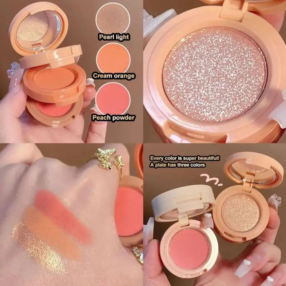 3-In-1 Blush Palette Pressed Highlighter Makeup Palette,Lasting Waterproof Matte Shimmer Texture Glitter 3-Layer Powder Pearly