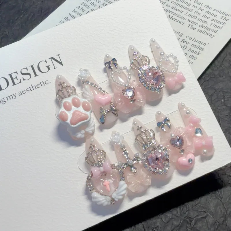 10PCS Cute Jirai Kei Short Almond Handmade Press on Nails WhitePink 3D Bow Cat Claw Y2K Fake Nails Wings Crown Glitter Nail Art