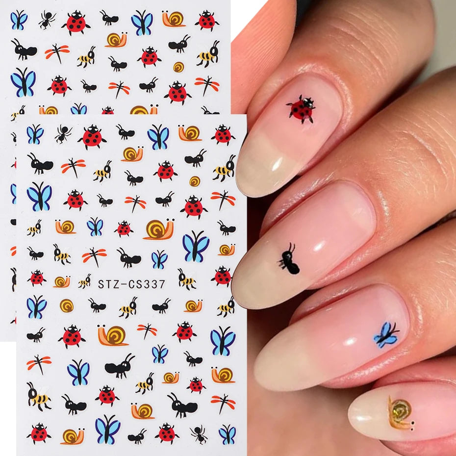 Tiny Bug Ladybug Butterfly Ant Snail Nail Sticker Decal Cute Cat Animals Sping 3D Self-adhesive Nail Art Slider Decorations
