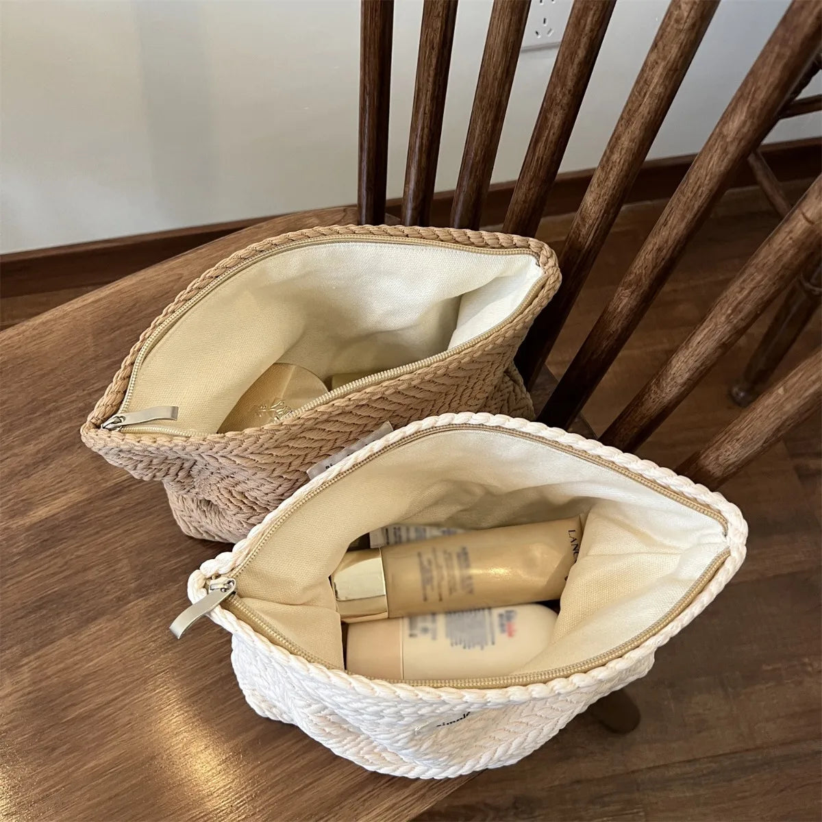 Embroidered Name Rice Grain Pattern Woven Fabric Handbag Custom Women Cosmetic Storage Makeup Pouch Zipper Closure Toiletry Bag