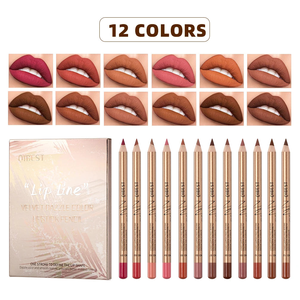 QIBEST 12 Colors Lip Pencils Matte Lipliner Pencil Waterproof Lipstick Lip Liner Pen Smooth Nude Lipstick Pens For Lips Makeup