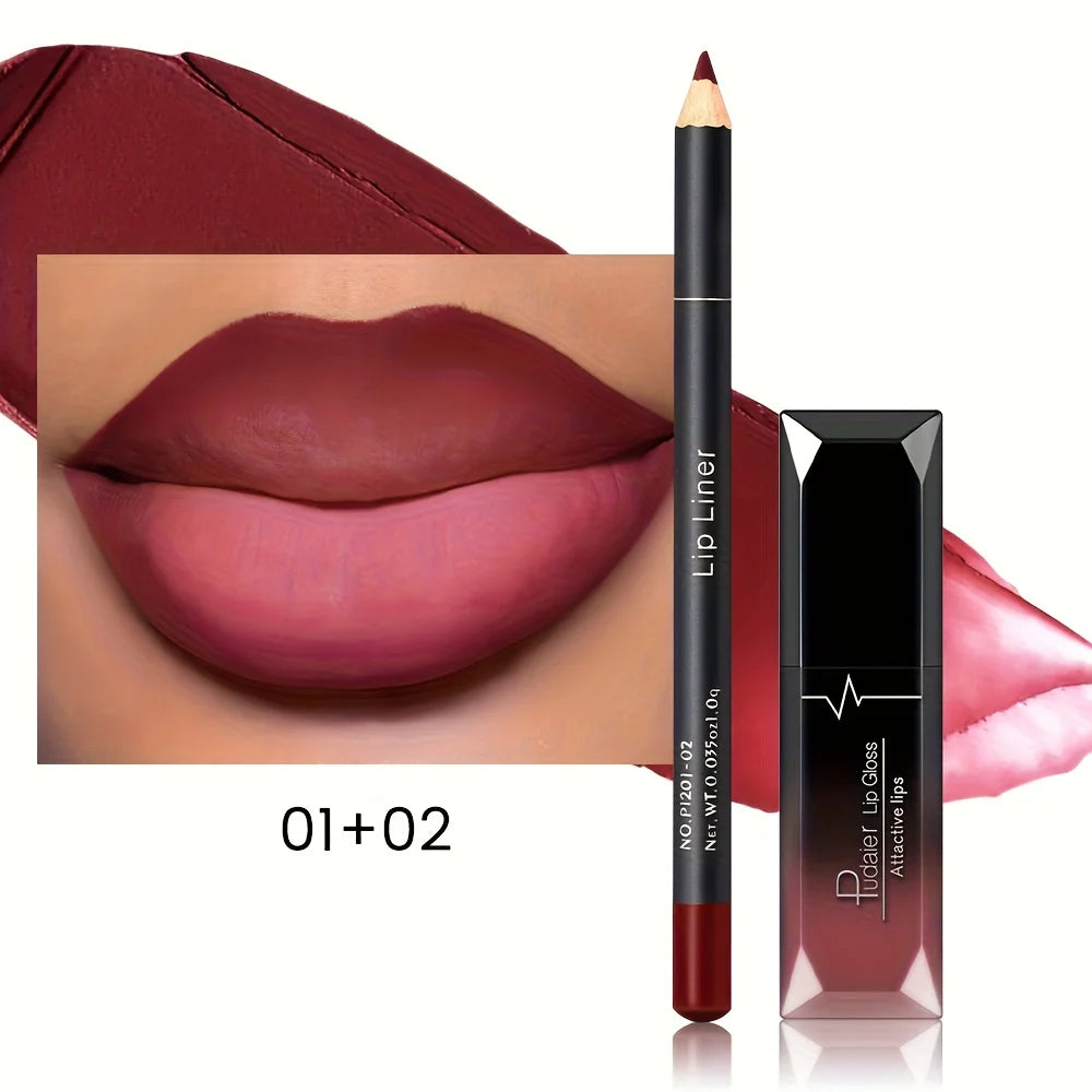 1Set Matte lip gloss and lip liner pen set - waterproof, long-lasting coloring, the ideal choice for a perfect makeup look
