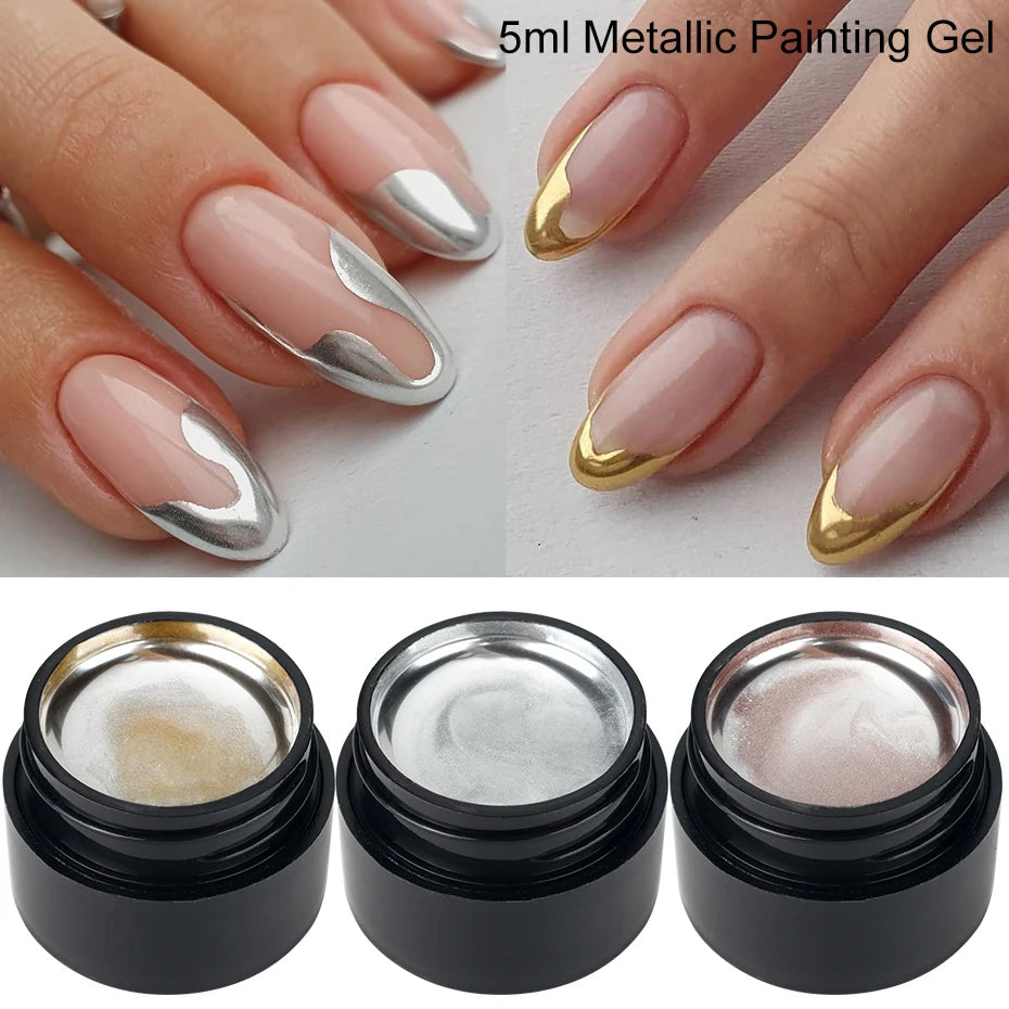 5ml Mirror Chrome Nail Painting Gel Polish, Gold Silver Metallic Drawing French Tips Spider Liner Gel Nail UV Gel Polish Varnish
