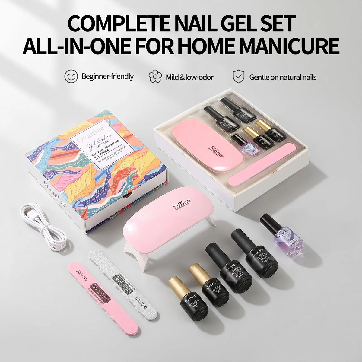 Ovanlee 5-Piece UV Gel Polish Kit with Mini Lamp – Gentle, Low-Odor & Non-Irritating Formula, Complete Manicure Tools Included, Ideal Gift for DIY Nail Art Beginners