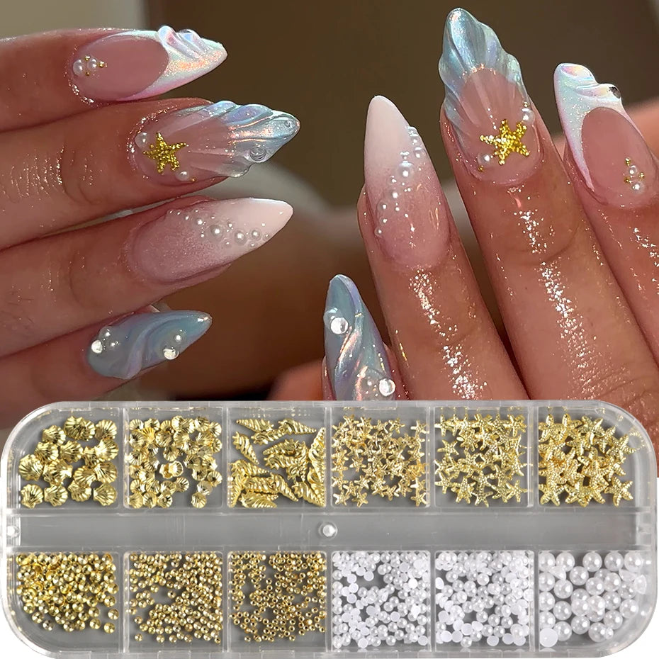 3D Golden Starfish Seashell Nail Art Charms Conch Metal Studs Pearls Caviar Beads Summer Manicure Studs Nail Art Decorations