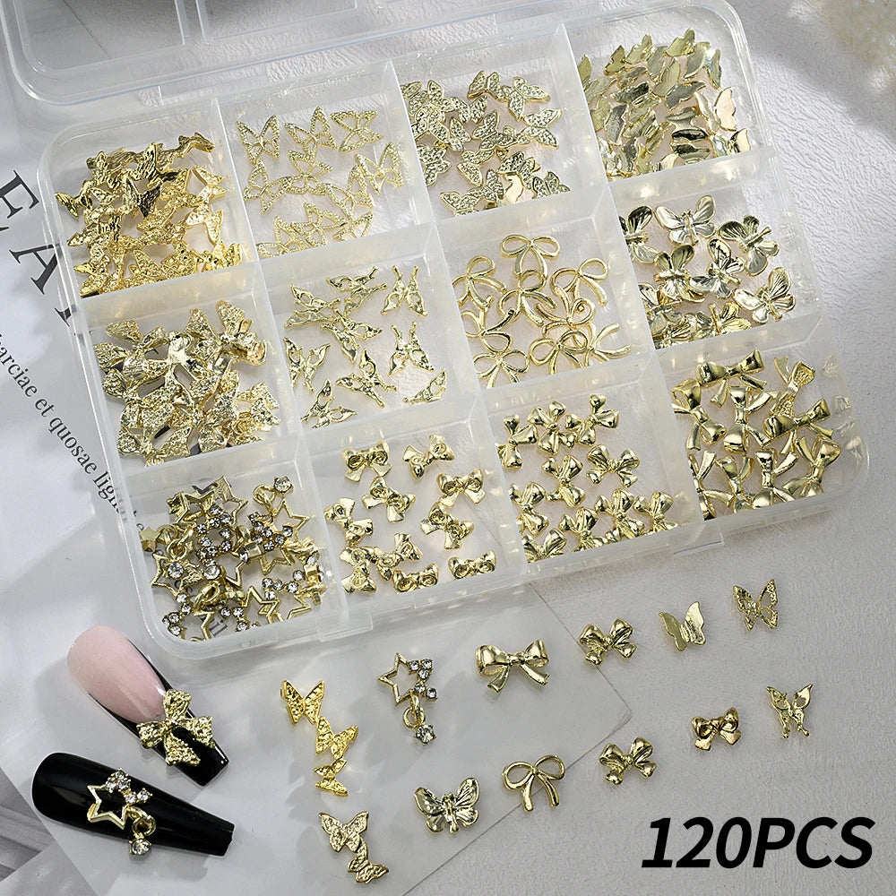 120pcs/box 3D Gold Bow Butterfly Nail Metal Charms Shiny Cute Bowtie/Diamond Star Nail Jewelry 120 Luxury Nail Art Supplies 