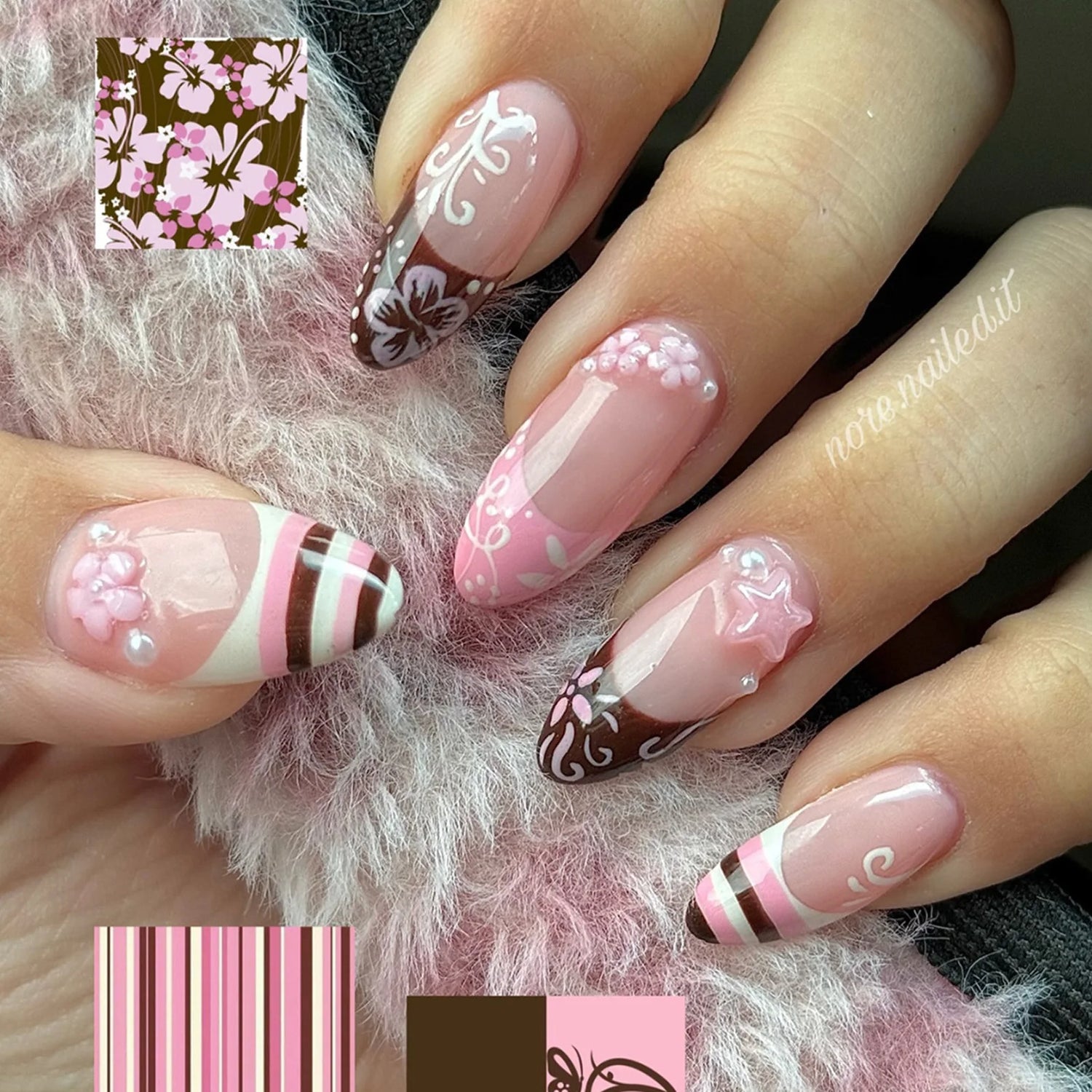 24Pcs Almond Shape False Nails Brown Stripes Pink Flowers Fake Nails Wearable Full Cover Nails Tips Acrylic Nail Tips False Nail