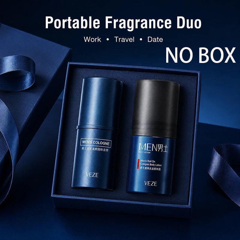 2PCS Men’s Fragrance Duo Solid Cologne Stick Roll-On Body Lotion Long Lasting Fresh Scent Portable Deodorant Balm for Men