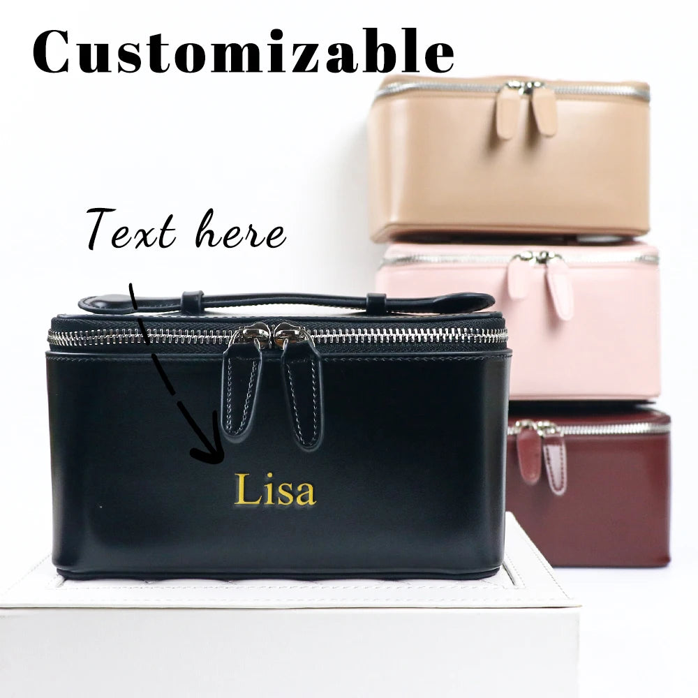Customized name leather hand-held makeup case and beauty bag, portable storage large-capacity handbag