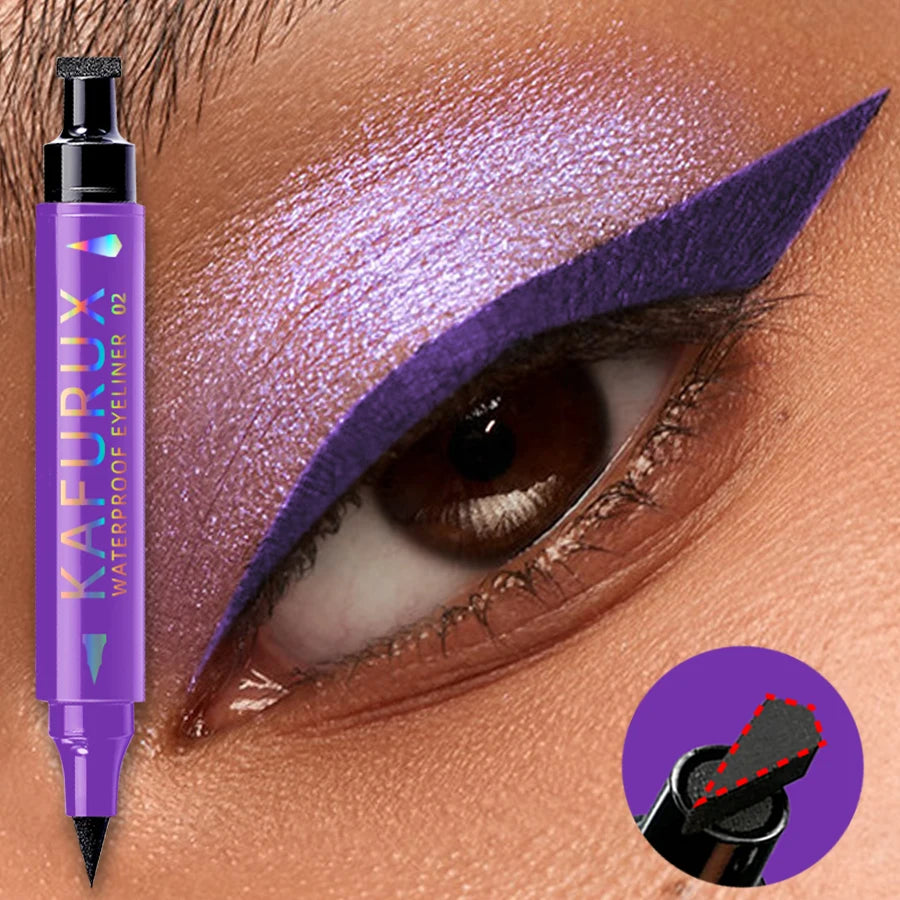 3-color Dual-ended stamp pen,eyeliner smooth quick-drying ,2 in 1 smudge-proof black purple blue eye makeup for women gifts