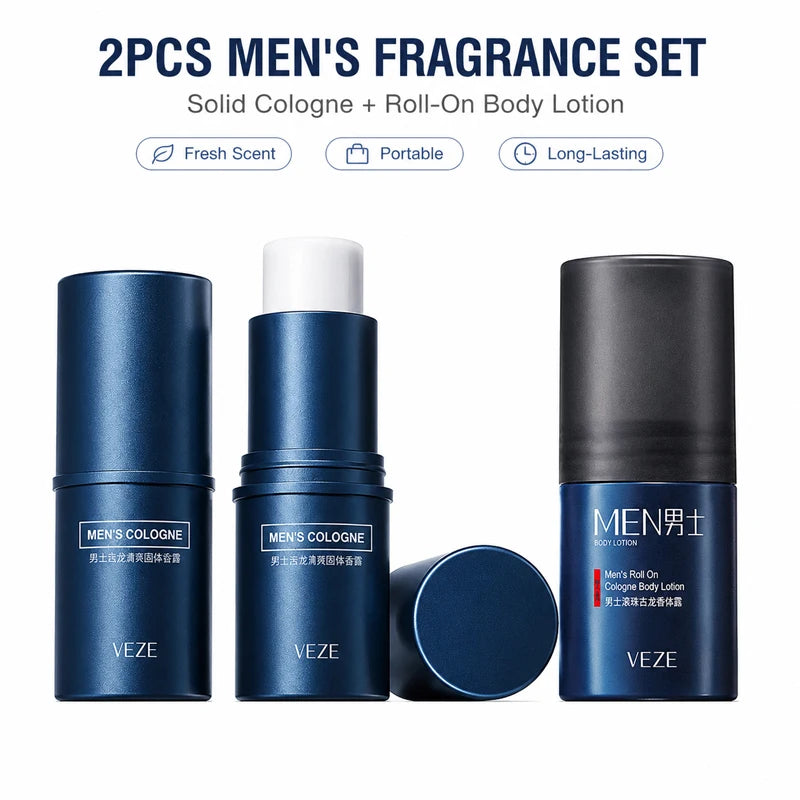 2PCS Men’s Fragrance Duo Solid Cologne Stick Roll-On Body Lotion Long Lasting Fresh Scent Portable Deodorant Balm for Men