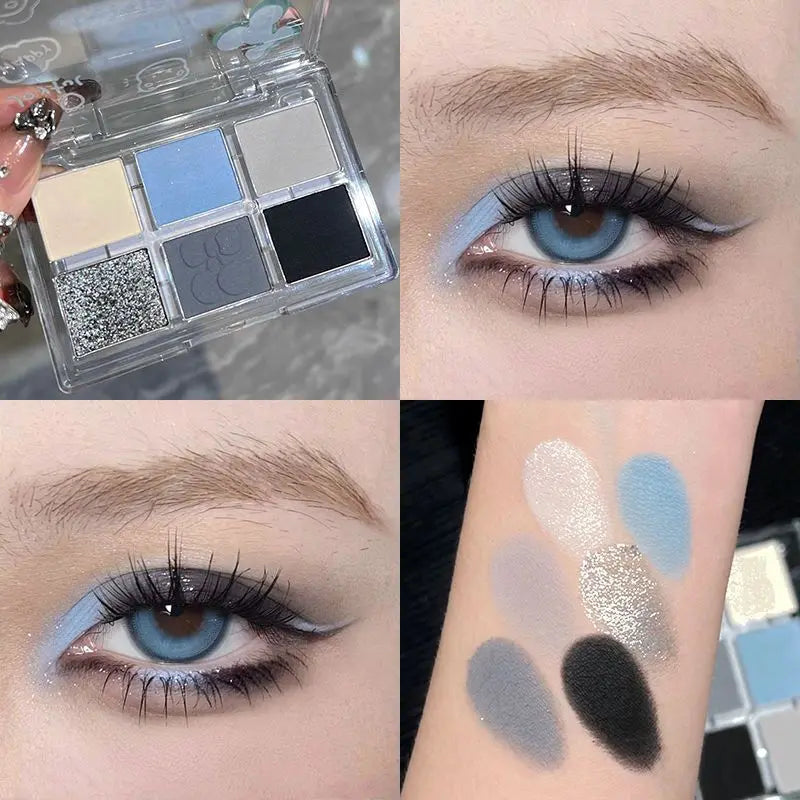 Matte Grey Blue Smoky Eye Shadow Palette 6-Color Glitter Silver Acrylic Eye Shadows Palette Long Lasting Eye Makeup Cosmetics