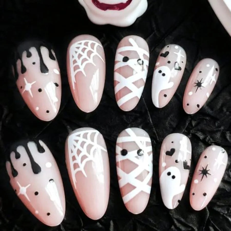 24Pcs Halloween Press on Nails Medium Almond Fake Nails with White Spider Web Mummy Heart Design Cute Ghost False Nails Nude Fu