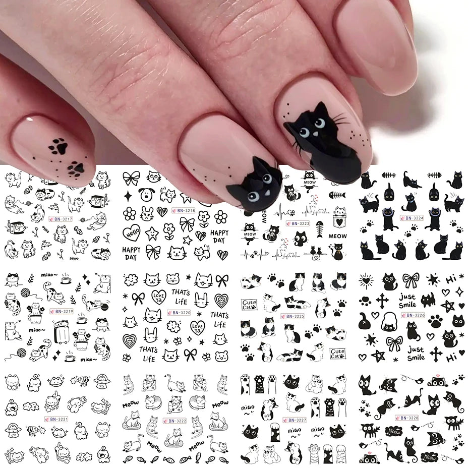 12 Designs Black Cat Nail Water Stickers Cute Kawaii Cartoon Nail Art Decals Watermark Transfer Sliders Manicure Decorations