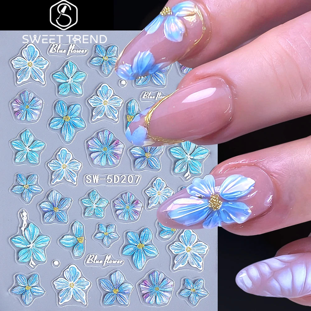SWEET TREND-5D Embossed Blue Red Flower Nail Stickers Self-adhesive Petals Nail Decals Sliders for Spring Summer Manicure Decor