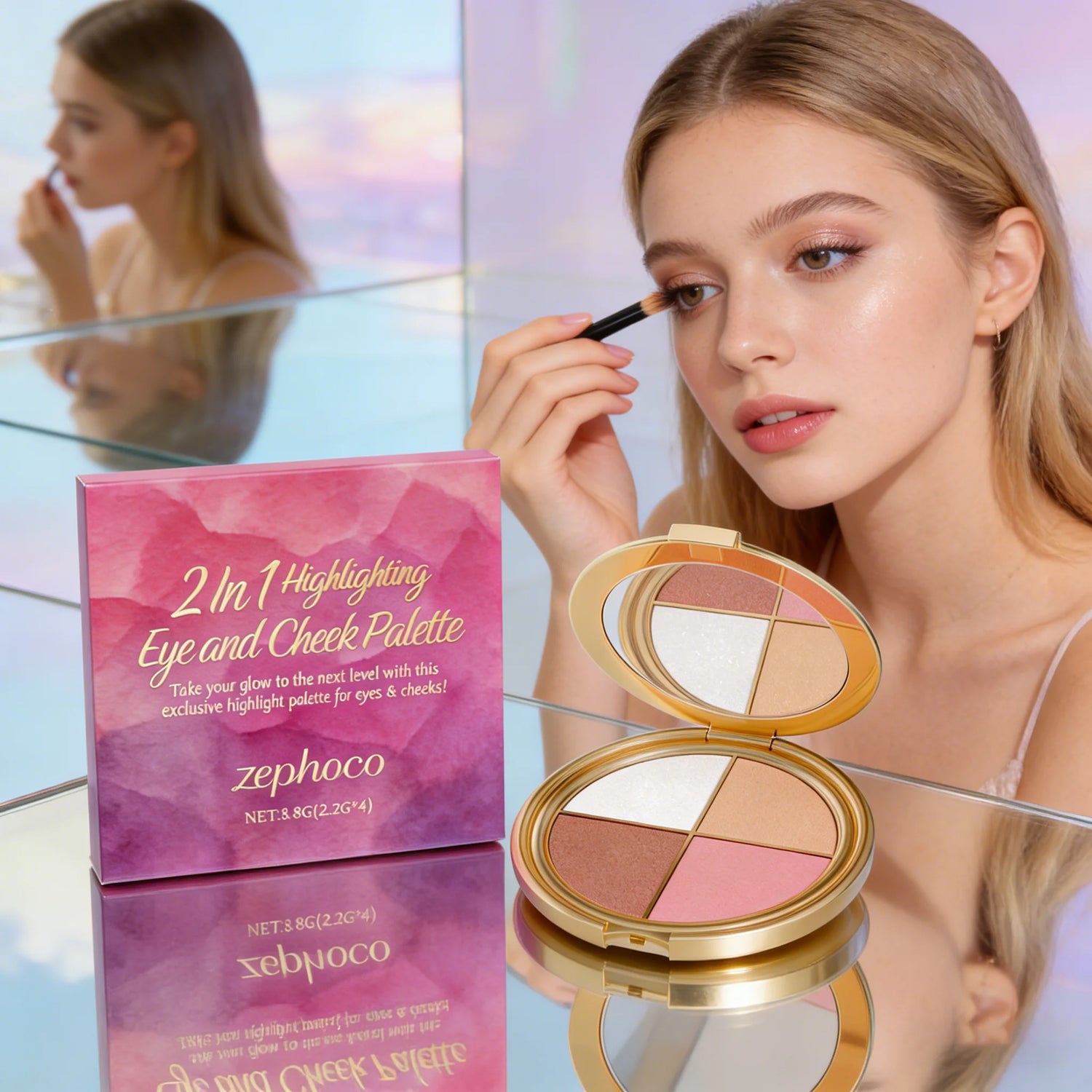 3-In-1 Face Palette Highly Pigmented Fine Powder Highlighter Shimmer Eyeshadow Silky Blush Multi-Functional Brightening Palette
