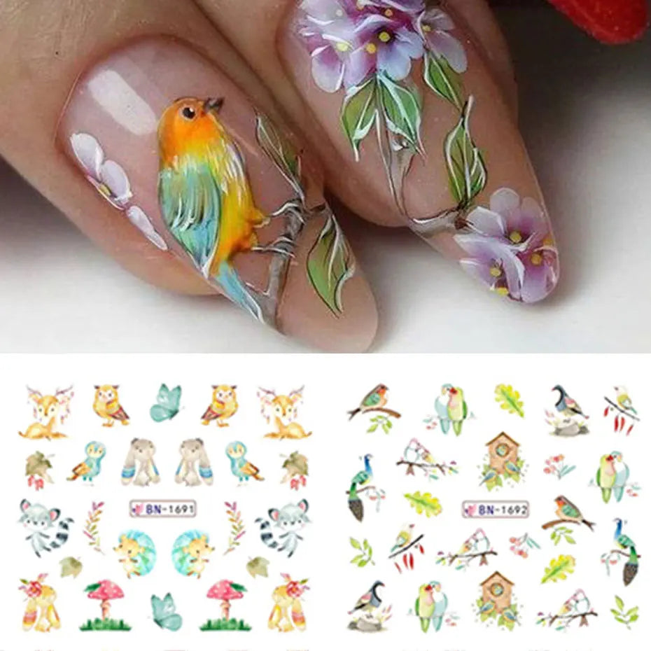 12Design Autumn Animal Nail Art Water Sticker Cartoon Owl Squirrel Fox Hedgehog Transfer Slider Fall Theme Fruits Manicure Decor