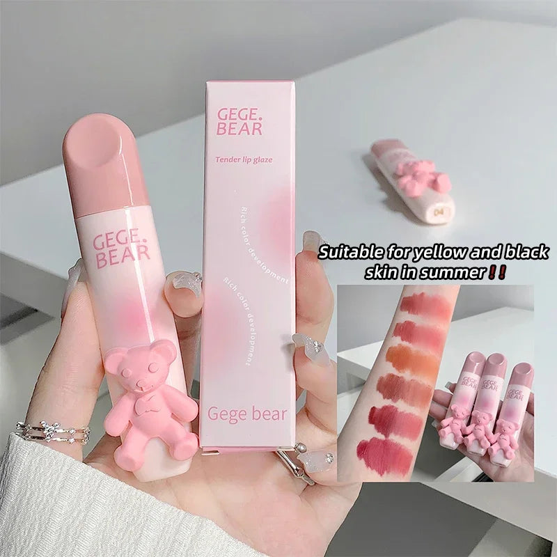 Cute Little Bear Lip Glaze Mist Face Matte Velvet Lipstick Holding Makeup Whitening Lip Cream Coloring Lip Color