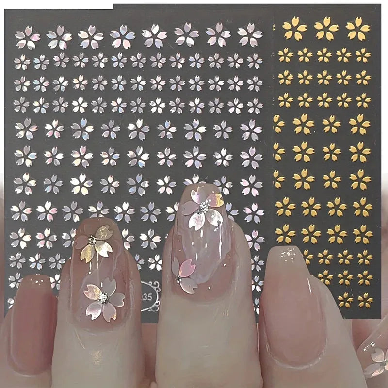 3DLaser Sakura Nail Stickers Holographic Laser Snake Pattern Slider Sakura Water Transfer Nail Decoration Set