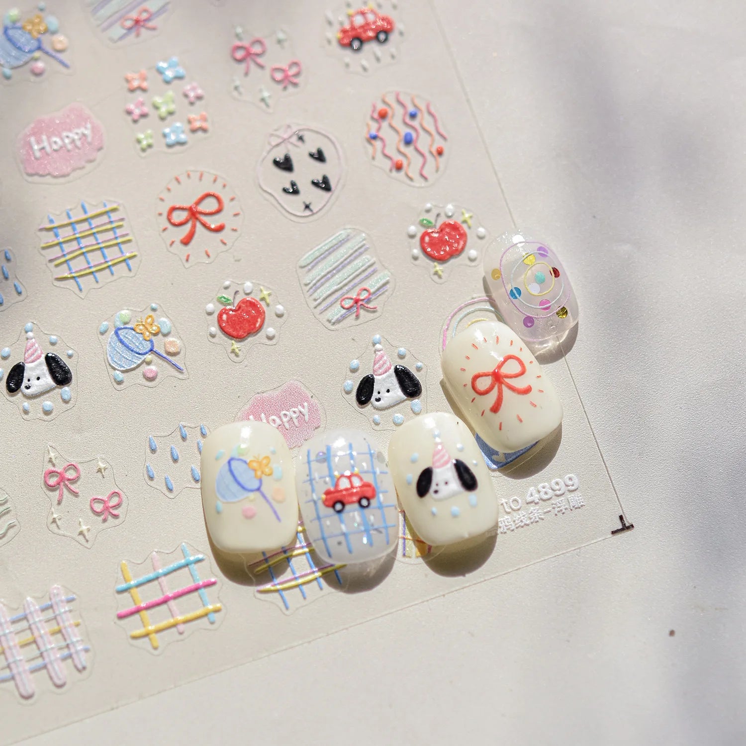 1pc 5D Relief Graffiti Nail Art Stickers Rabbit Dog Bear Bow Nail Decals Cartoon Theme Self-Adhesive Stickers for DIY Manicure *