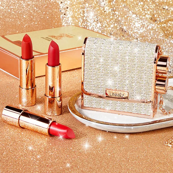 Matte Lipstick Set 3 Colours with Silver Chain Bag Waterproof Non-Stick Long Lasting Red 3.5gx3pcs