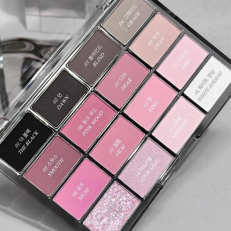 16 Colors Black Pink Eyeshadow Palette Glitter Shimmer Pearlescent Matte Low Saturation Style Long Lasting Eye Shadow Eye Makeup