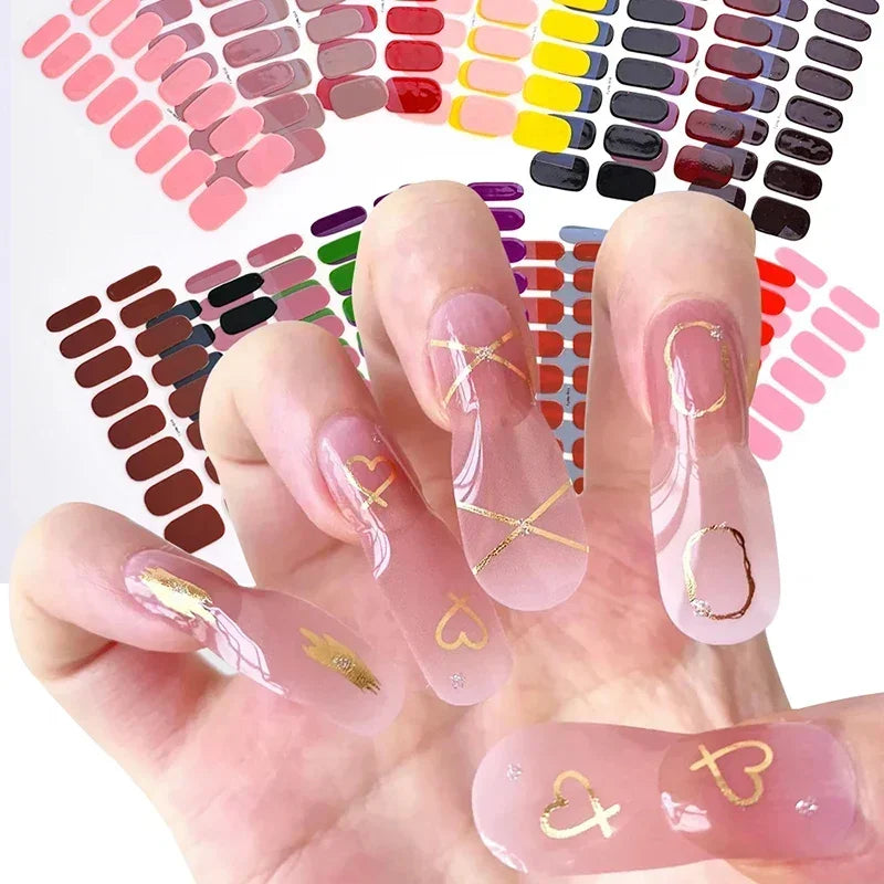 16 Tips Rose Pink Glossy Semi-Cured Nail Stickers Glitter Long-Lasting UV Gel Nail Foils Full Cover LED Extension Gel Nail Foils