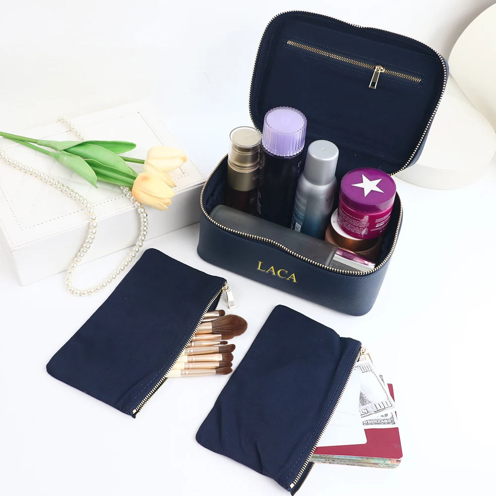 Customized name genuine leather women's travel bath products box bag, portable hanging makeup bag box, multi-set makeup bag box