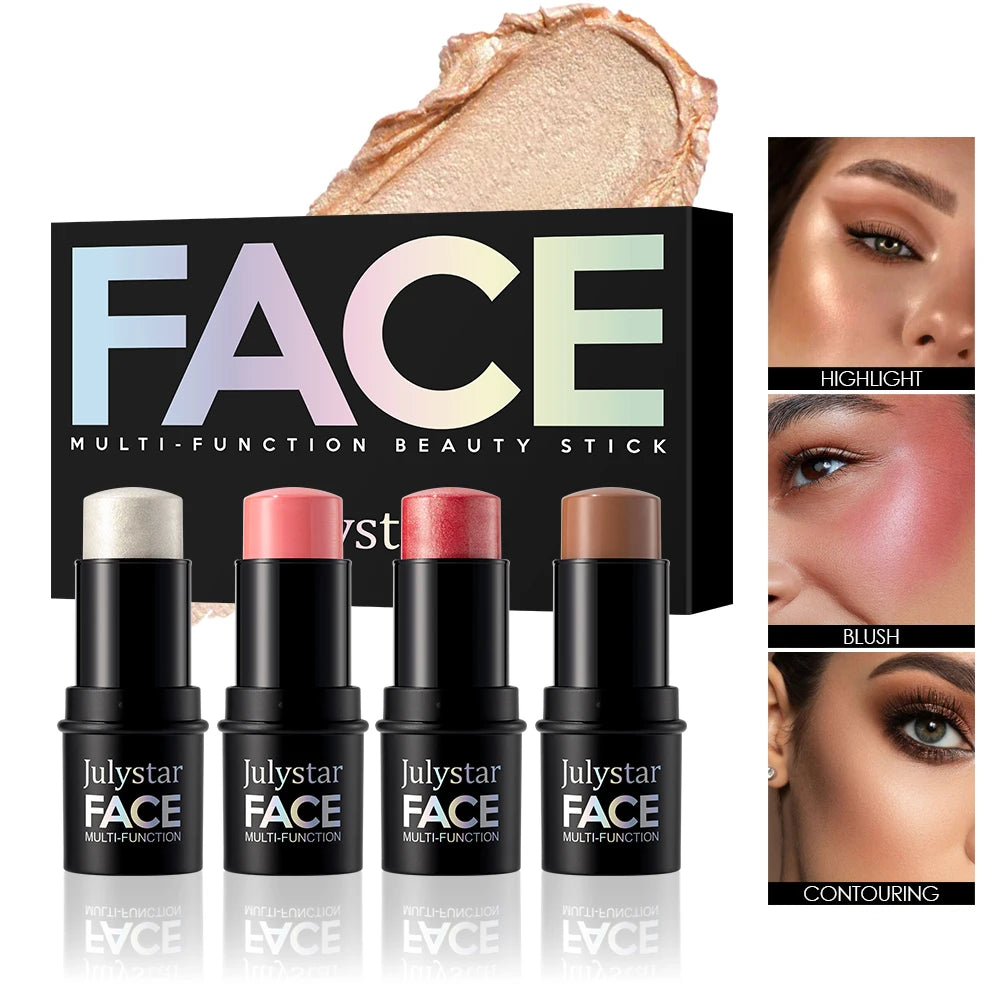 4-Pack CC Sticks Long-Lasting Highlighter Blush Contour Waterproof Makeup Sticks Ideal for Beginners Women Shiny Look Multifunct