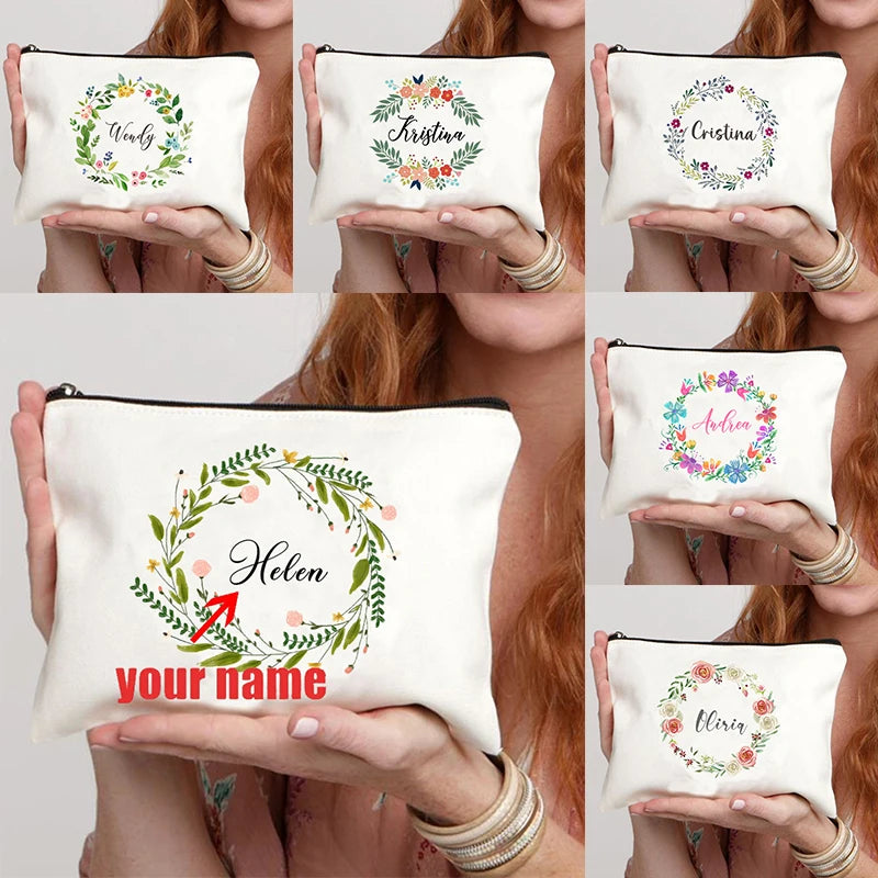 Garland Personalized Name Canvas Cosmetic Bag Travel Zipper Storage Toiletry Bags Retro Pencil Case Teacher Bride Gift Customize