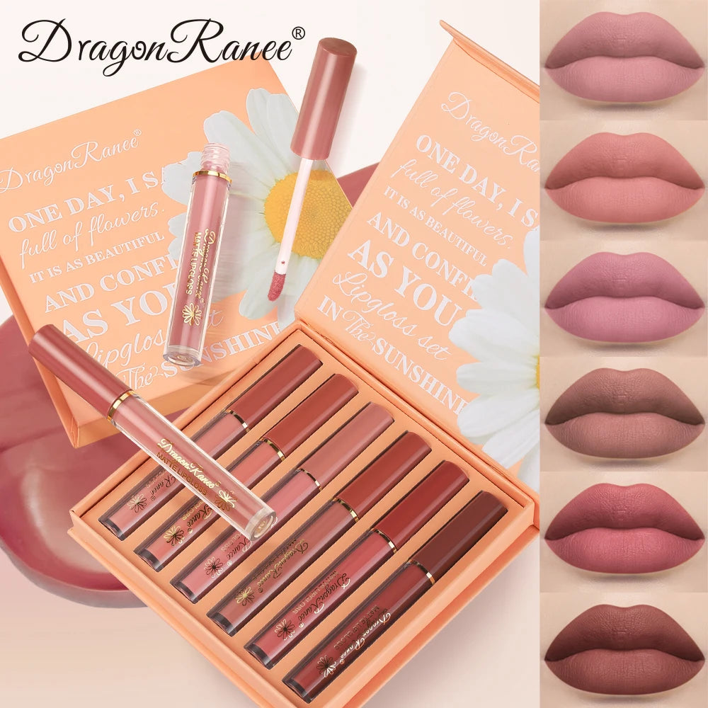 Set of Six Lip Glazes, Matte and Fine Texture, Easy to Apply, Non-Stick, Waterproof and Sweat-Proof, Versatile for Daily Use, Lip Gloss and Lipstick Set