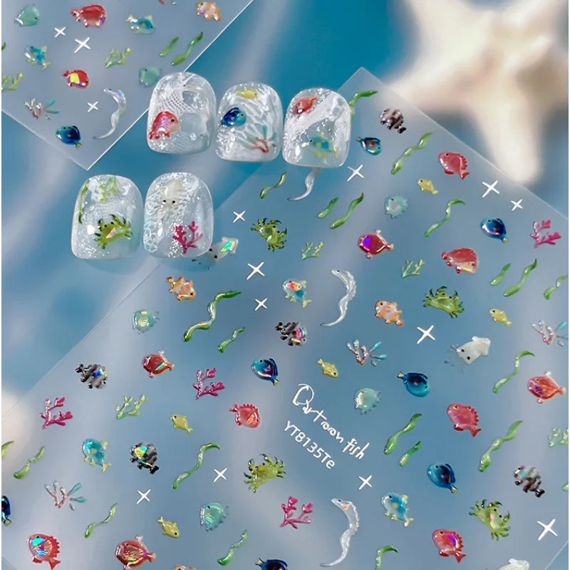 Colorful Summer Ocean Nail Sticker Cute Fish Seaweed Self Adhesive Nail Art Sticker Decorations Parts Press On Nails DIY Decals