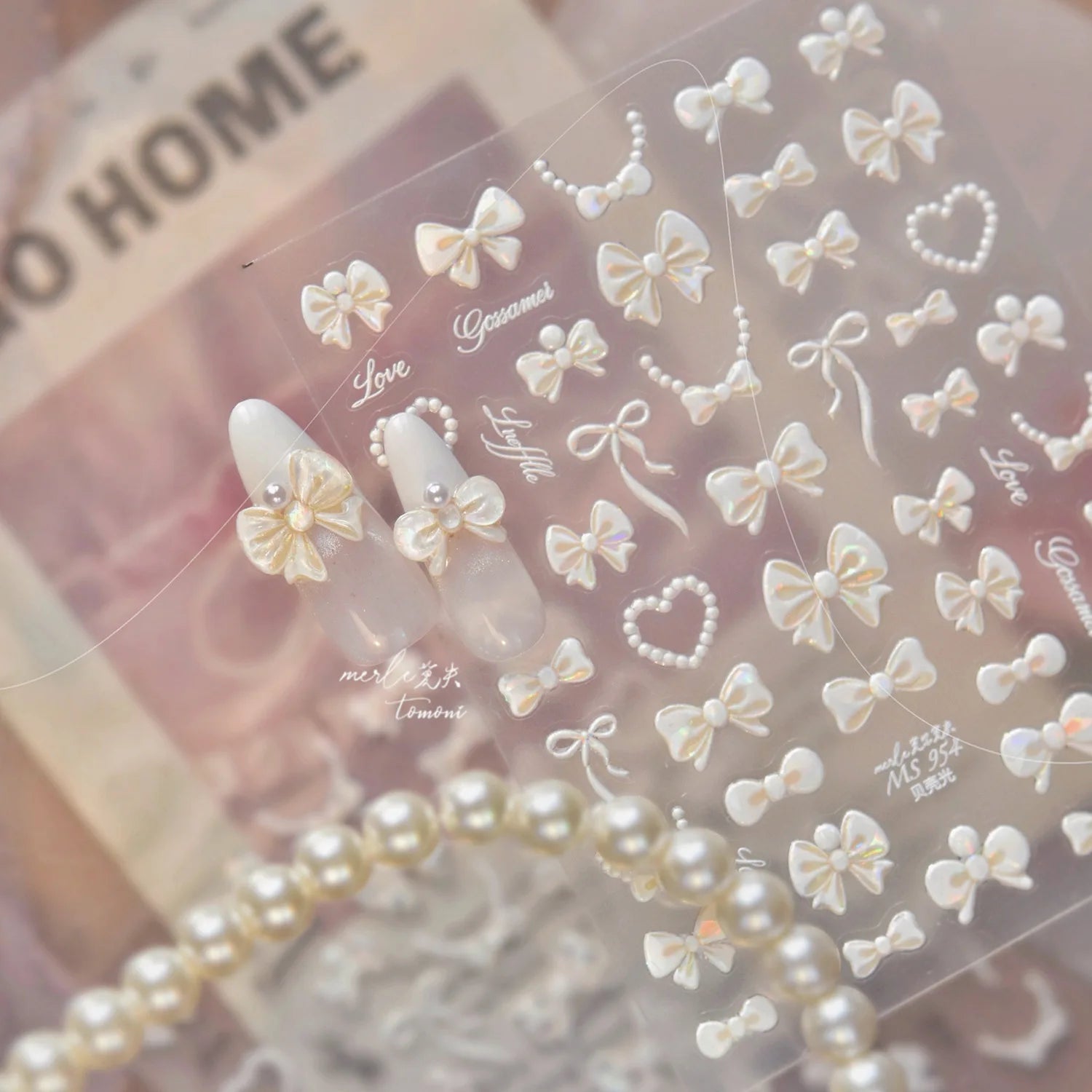 Shell Light Nail Stickers Small Fresh White Bow Ribbon Nail Charms Stickers Self Adhesive Nails 3D Decorations Parts DIY Decals
