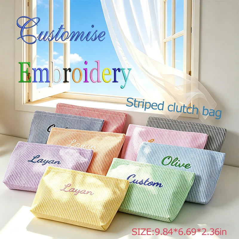 Customised Embroidery/Standard Style 2 Options, Bubble Gauze Striped Makeup Bag, Storage Pouch, Back-to-School Season