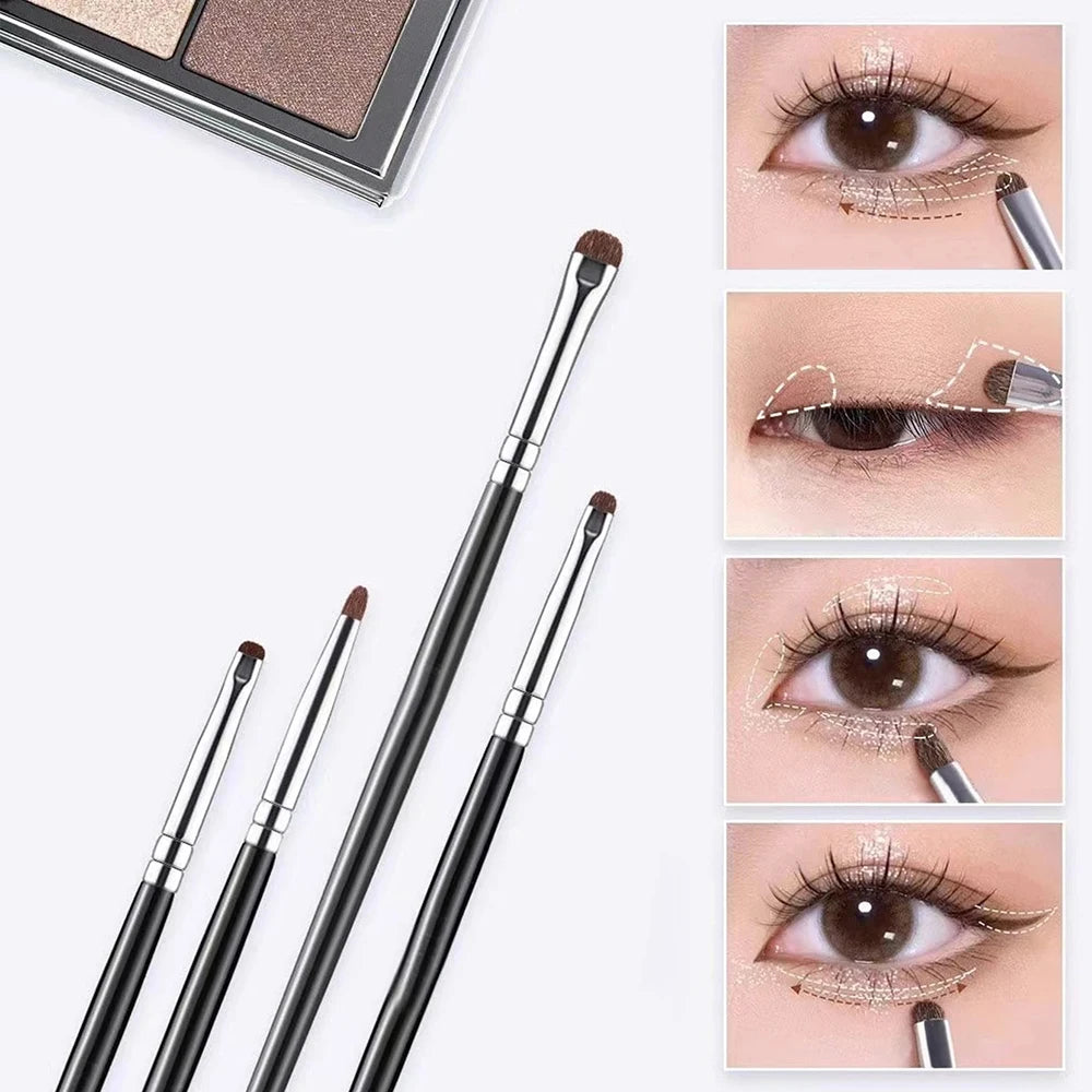 1 Set Of 4 Black Eye Detail Makeup Brushes Pony Hair Precision Eye Shadow Lying Silkworm Brightening Eyeliner Applicator Small