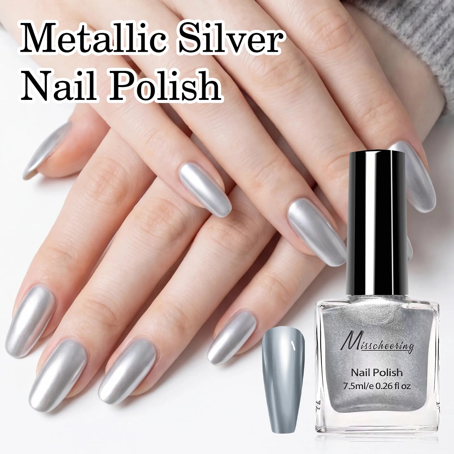 7.5ml Metallic Silver Nail Polish Ultra Bright Mirror Effect Quick Dry Nail Varnish Long Lasting High Gloss Chrome DIY Manicure