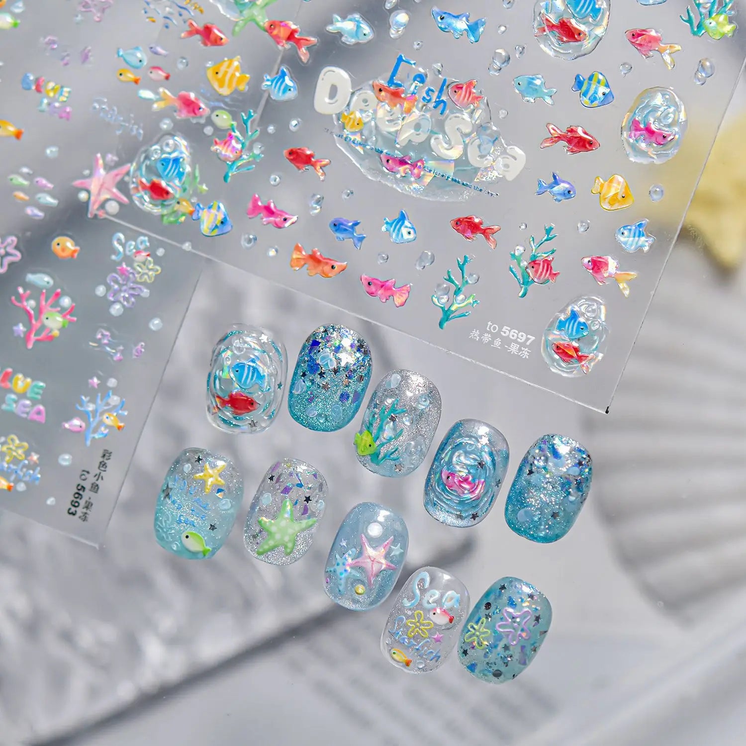 Cute Pink Tropical Fish Nail Accessories Stickers 5D Jelly Ocean Bubble Nail Sticker Self Adhesive Nail Art Supplies Decorative