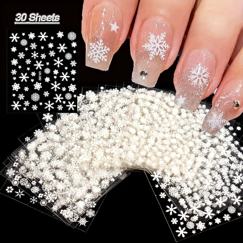 30pcs Sheets Christmas 3D Nail Art Stickers Decals Nail Art Supplies for Women And s - Self-Adhesive Cartoon Snowflake Snowman