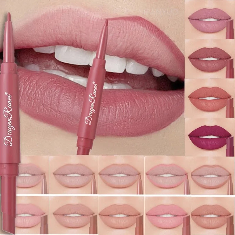 Waterproof Nude Matte Lip Liner Pencil Dual-Ended Matte Lipstick Lasting Moisturizing Rose Red Lipstick 2 in 1 Lip Liner Makeup