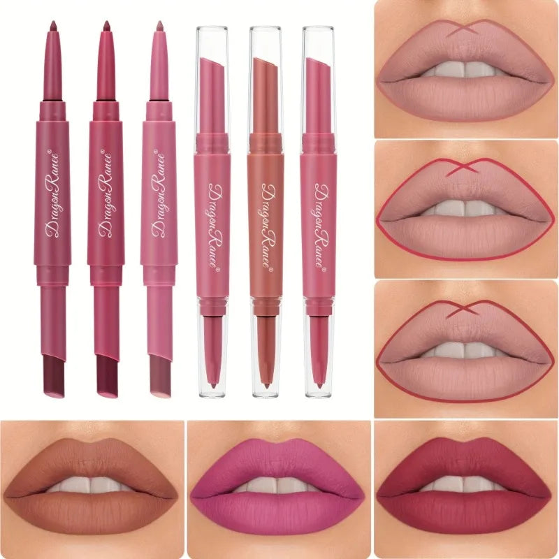 Waterproof Nude Matte Lip Liner Pencil Dual-Ended Matte Lipstick Lasting Moisturizing Rose Red Lipstick 2 in 1 Lip Liner Makeup